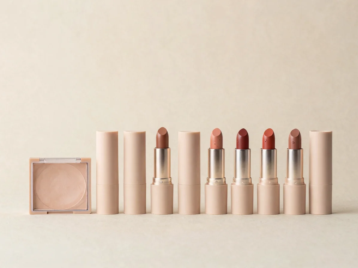 Clean editorial product photography, soft diffused studio light, fresh neutral palette. Close-up of unbranded makeup com
