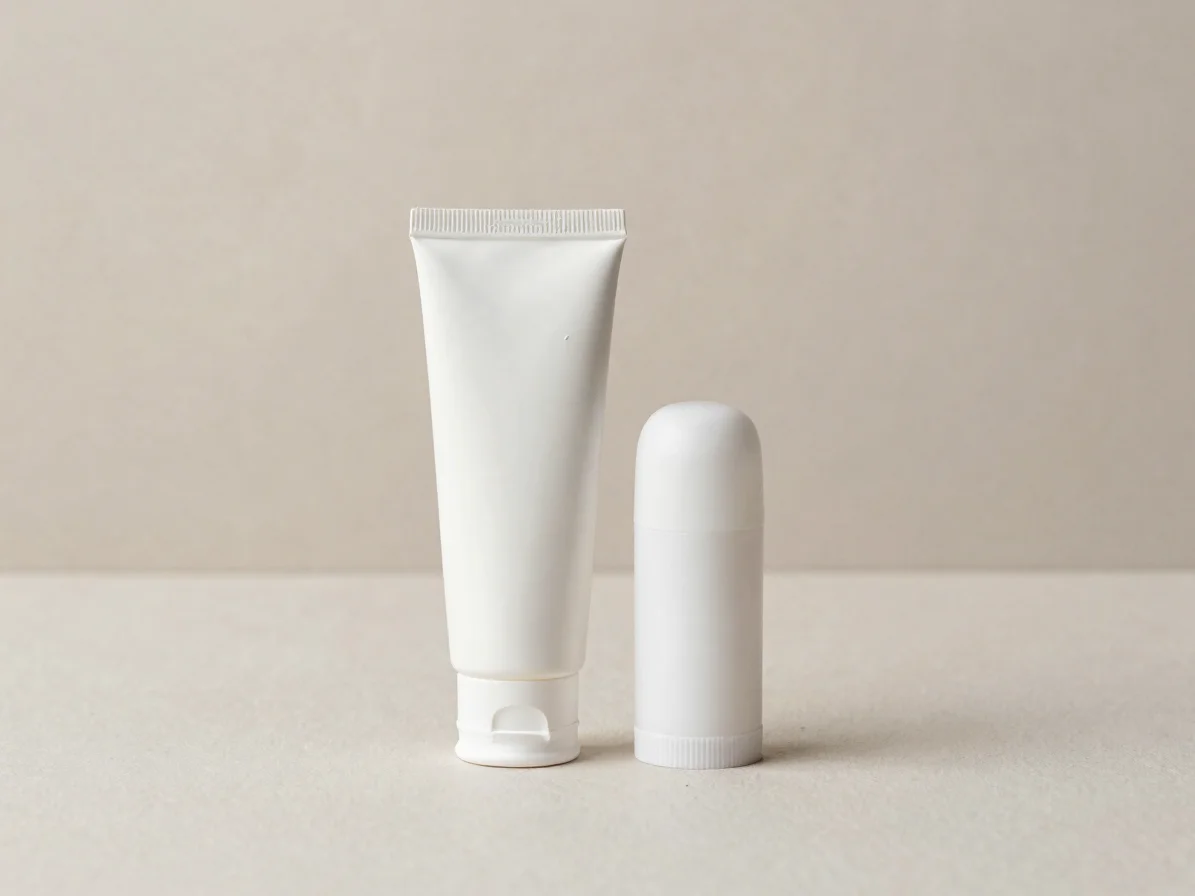 Clean editorial product photography, soft diffused studio light, fresh neutral palette. Unbranded shaving cream tube and
