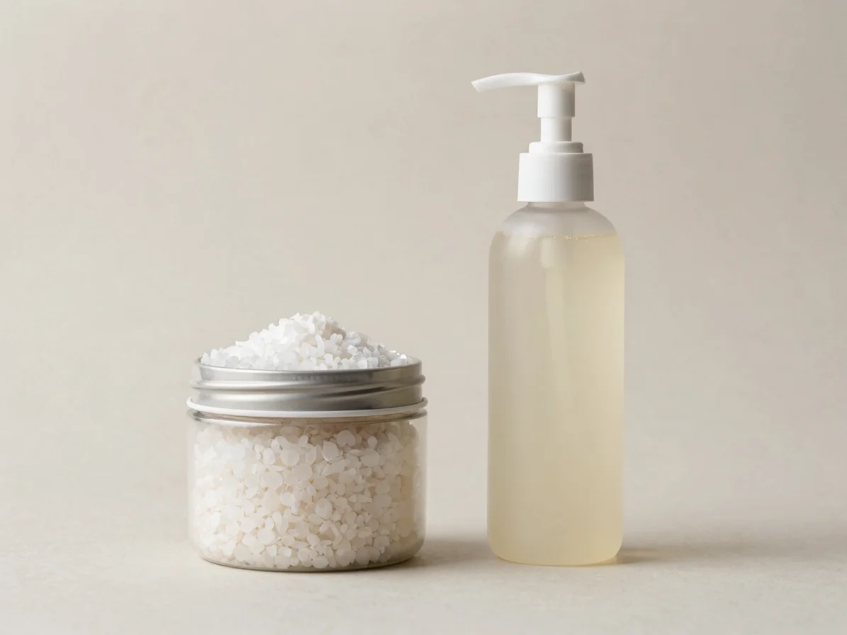 Clean editorial product photography, soft diffused studio light, fresh neutral palette. Unbranded bath salt jar and bath