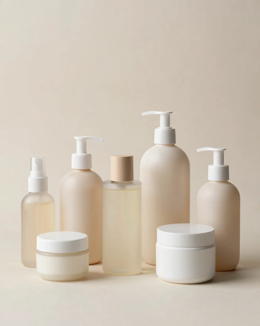 Clean editorial studio still life of neutral unbranded cosmetic and toiletry bottles and jars grouped by category, soft